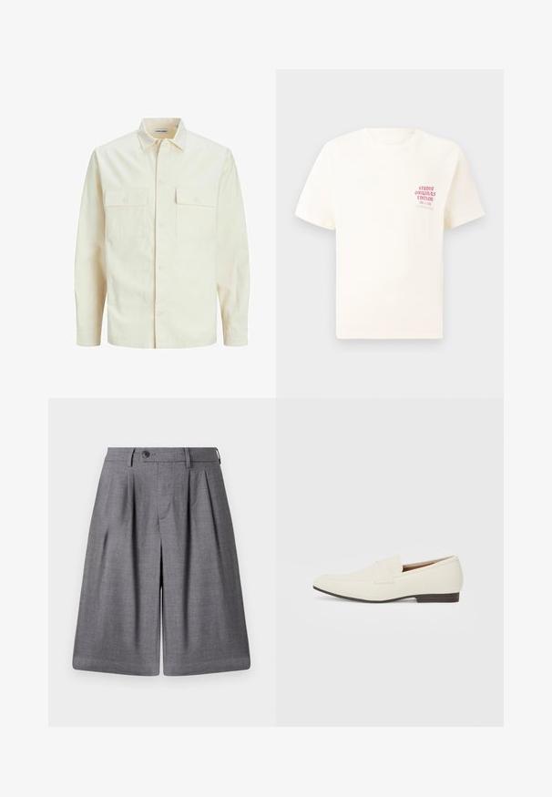 Lys beige langærmet skjorte med krave, to forlommer, knaplukning og et tekstureret stof.; Hvid kortermet T-shirt med rød tekst "Studio Originals Edition" på venstre bryst, vist på en neutral grå baggrund.; Grå skræddersyede shorts lavet af glat stof, med plisseringer, knaplukning og en skarp talje for en struktureret pasform.; Lys beige loafers med spids tå, glat materiale, en rem over vampen og en lav brun sål. Simpelt design med minimale detaljer.