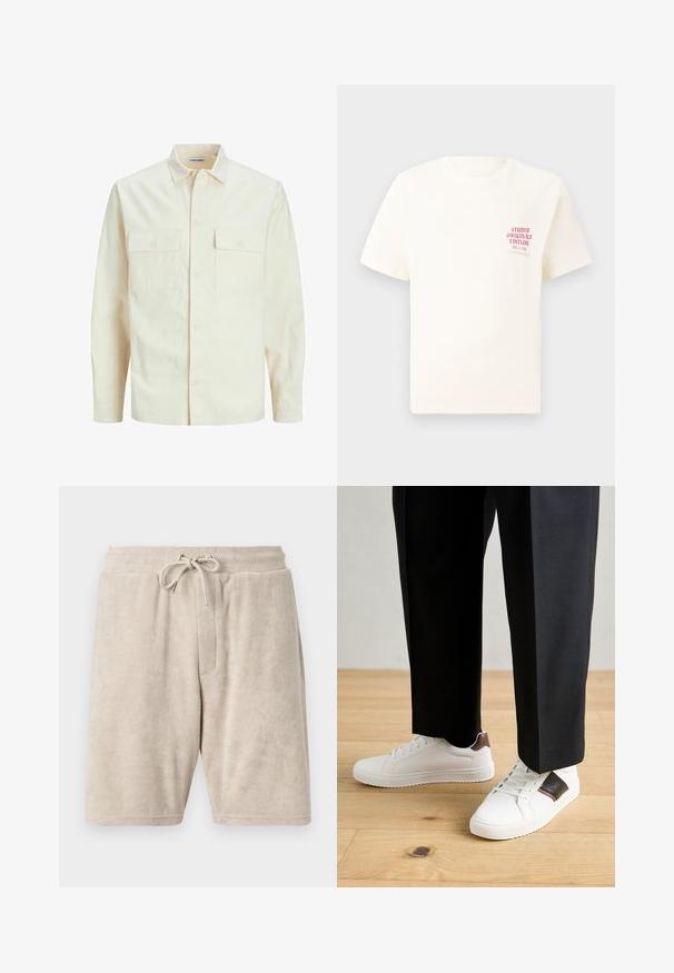Chemise longue à manches longues beige clair avec un col, deux poches frontales, fermeture à boutons et un tissu texturé.; T-shirt blanc à manches courtes avec le texte rouge "Édition Originals du Studio" sur la poitrine gauche, présenté sur un fond gris neutre.; Shorts en éponge beige avec une taille élastique et un cordon de serrage réglable. Dispose d'une poche avant unique et d'une coupe longueur genoux.; Des sneakers blanches au texture lisse, avec des accents en cuir marron et des détails noirs, assorties à un pantalon noir ajusté. Fond en parquet.