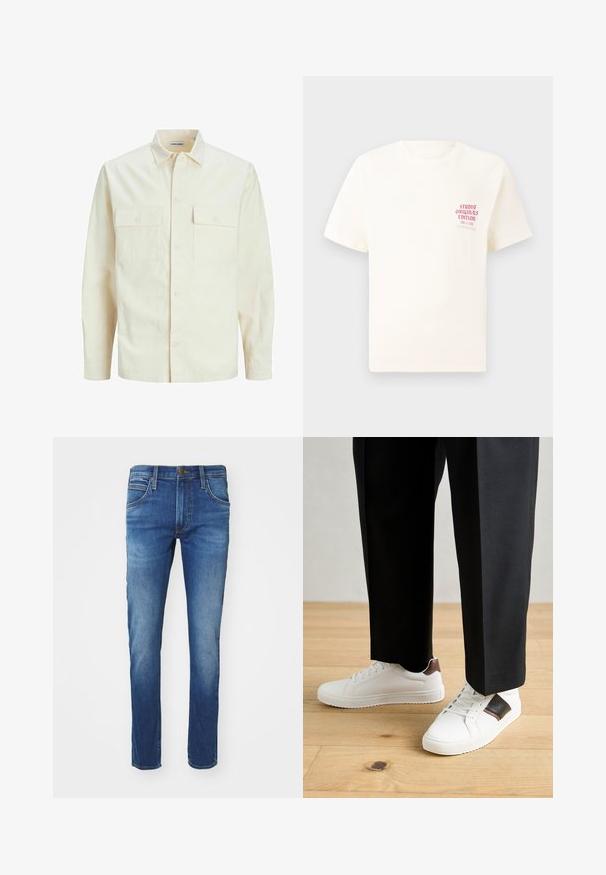 Világos bézs színű, hosszú ujjú ing, galléros nyakkal, két elülső zsebbel, gombos záródással és struktúrált anyaggal.; Fehér, rövid ujjú póló, bal mellen piros szöveggel "Studio Originals Edition", semleges szürke háttér előtt.; Kék farmernadrág egyenes szabással, öt zsebbel, gombos és cipzáras záródással, valamint a melletti enyhe kopásokkal.; Fehér sneaker, sima textúrával, barna bőr díszítéssel és fekete részletekkel, fekete szabott nadrággal párosítva. Fából készült padló háttér.