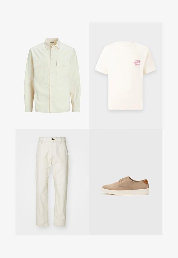 Kergedbež pika-särk pikkade varrukatega, krae ja kahe eespool asuva taskuga, nööpidega kinnitamine ja reljeefne materjal.; Valge lühikeste varrukatega T-särk, millel on vasakul rinnal punane tekst "Studio Originals Edition", esitatud neutraalsel hallil taustal.; Beežist puuvillast cargo püksid sirge säärega, külgpocketite, esipaneeli nupu sulgemise ja kontrastsete õmblusdetailidega.; Beežid nahast tossud ümarate varvastega, paeltega esiosa ja tekstuuriga tagakontuuriga. Valge kummist tallapakkumine loob kontrasti. Lihtne ja kaasaegne disain.