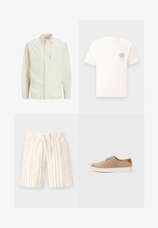 Chemise longue à manches longues beige clair avec un col, deux poches frontales, fermeture à boutons et un tissu texturé.; T-shirt blanc à manches courtes avec le texte rouge "Édition Originals du Studio" sur la poitrine gauche, présenté sur un fond gris neutre.; Shorts beige clair avec des rayures verticales de nuances variées. Équipés d'une taille élastique et d'un cordon de serrage pour un ajustement. Tissu doux et texturé.; Baskets en daim beige avec un embout arrondi, un laçage sur le devant et un accent texturé à l'arrière. La semelle en caoutchouc blanche offre un contraste. Design simple et moderne.