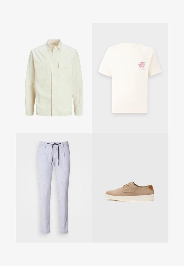 Jasno beżowa koszula z długim rękawem, z kołnierzykiem, dwoma kieszeniami z przodu, zapięciem na guziki i teksturowanym materiałem.; Biała koszulka z krótkim rękawem z czerwonym napisem "Studio Originals Edition" po lewej stronie klatki piersiowej, wyeksponowana na neutralnym szarym tle.; Spodnie w paski w jasnoniebieskim i białym kolorze z mieszanki bawełny, z elastycznym paskiem w talii, bocznymi kieszeniami oraz dopasowanym krojem z zwężanymi nogawkami.; Beżowe zamszowe sneakersy z okrągłym noskiem, sznurowanym przodem i teksturowanym akcentem na tyle. Biała gumowa podeszwa tworzy kontrast. Prosty i nowoczesny design.