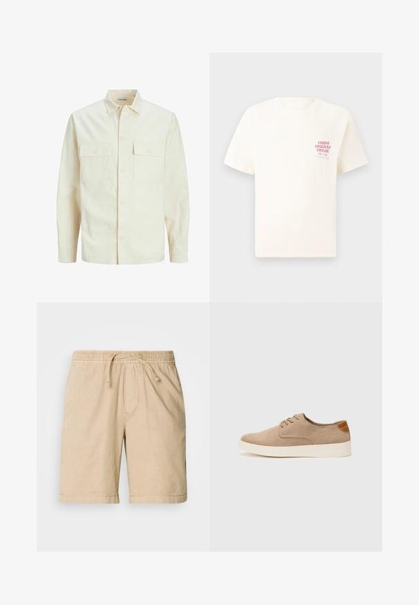 Hellbeige Langarmhemd mit klassischem Kragen, zwei Fronttaschen, Knopfverschluss und strukturiertem Stoff.; Weißes T-Shirt mit kurzen Ärmeln und rotem Text "Studio Originals Edition" auf der linken Brust, präsentiert vor einem neutralen grauen Hintergrund.; Beige Baumwollshorts mit elastischem Bund, Kordelzug, seitlichen Taschen und lässiger Passform. Glatte Textur und knielanges Design.; Beige Wildleder-Sneaker mit runder Zehenpartie, Schnürung und strukturiertem Rückenteil. Die weiße Gummisohle sorgt für einen Kontrast. Einfaches und modernes Design.