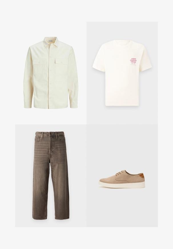 Svetlo bež srajca z dolgimi rokavi, ovratnim izrezom, dvema sprednjima žepoma, zapenjanjem na gumbe in teksturirano tkanino.; Bela majica s kratkimi rokavi z rdečim napisom "Studio Originals Edition" na levi strani prsnega koša, prikazana na nevtralnem sivo backgroundu.; Rjavi široki traper hlače. Imajo zadrgo, zanke za pas in pet žepov. Tkanina ima zbledel in teksturiran videz.; Bež tkanine usnjene superge z zaobljenim nosom, vezalkami na sprednji strani in teksturiranim zadnjim detajlom. Belo gumijasto podplato zagotavlja kontrast. Enostaven in sodoben dizajn.