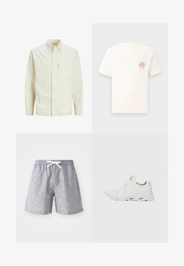 Hellbeige Langarmhemd mit klassischem Kragen, zwei Fronttaschen, Knopfverschluss und strukturiertem Stoff.; Weißes T-Shirt mit kurzen Ärmeln und rotem Text "Studio Originals Edition" auf der linken Brust, präsentiert vor einem neutralen grauen Hintergrund.; Graue gestreifte Shorts mit einem Kordelzugbund, aus leichtem Stoff gefertigt. Mit vertikalen weißen Streifen und einem lockeren, komfortablen Schnitt.; Weiße Sportschuhe mit einem strukturierten Strickobermaterial, flachen Schnürsenkeln und einer gepolsterten Sohle mit sichtbaren Luftkammern für zusätzlichen Halt.