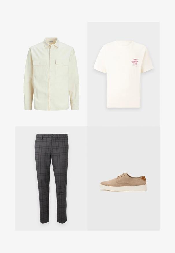 Chemise longue à manches longues beige clair avec un col, deux poches frontales, fermeture à boutons et un tissu texturé.; T-shirt blanc à manches courtes avec le texte rouge "Édition Originals du Studio" sur la poitrine gauche, présenté sur un fond gris neutre.; Pantalons à carreaux gris en tissu texturé, avec une coupe slim, des passants de ceinture et une fermeture à bouton unique à la taille.; Baskets en daim beige avec un embout arrondi, un laçage sur le devant et un accent texturé à l'arrière. La semelle en caoutchouc blanche offre un contraste. Design simple et moderne.