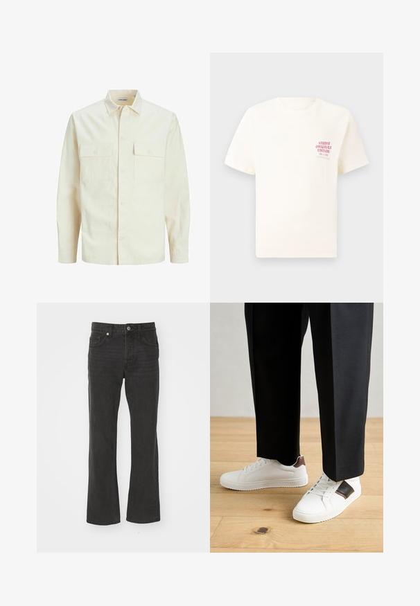 Kergedbež pika-särk pikkade varrukatega, krae ja kahe eespool asuva taskuga, nööpidega kinnitamine ja reljeefne materjal.; Valge lühikeste varrukatega T-särk, millel on vasakul rinnal punane tekst "Studio Originals Edition", esitatud neutraalsel hallil taustal.; Mustad, sirgedega teksad, mis on valmistatud denimist ja millel on klassikaline viie tasku disain ning metallist detailid. Sile tekstuur kerge venivusega.; Valged sneakersid siledat tekstuurist, millel on pruunad nahast detailid ja mustad aksessuaarid, millele on sobitatud mustad kohandatud püksid. Puitpõranda taust.