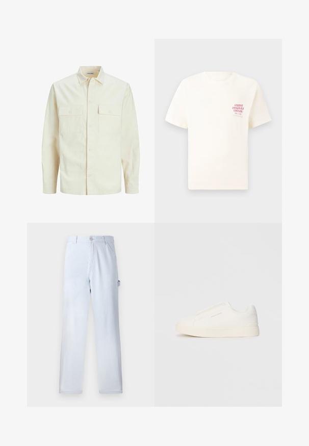 Šviesiai smėlio spalvos ilgomis rankovėmis marškiniai su apykakle, dviem priekinėmis kišenėmis, mygtukų uždarymu ir tekstūruota medžiaga.; Balta trumpa rankovėmis marškinėliai su raudonu užrašu "Studio Originals Edition" kairiajame krūtinės šone, rodomi neutralioje pilkoje aplinkoje.; Šviesiai mėlyni dryžuoti kelnių pagaminti iš medvilnės. Tiesaus kirpimo dizainas su priekinio mygtuko uždarymu ir šoninėmis kišenėmis. Minkšta tekstūra.; Baltos slip-on sportbačiai su tekstūruota paviršiumi, storesniu padu ir minimalistišku dizainu. Šone matosi prekės ženklo logotipas.