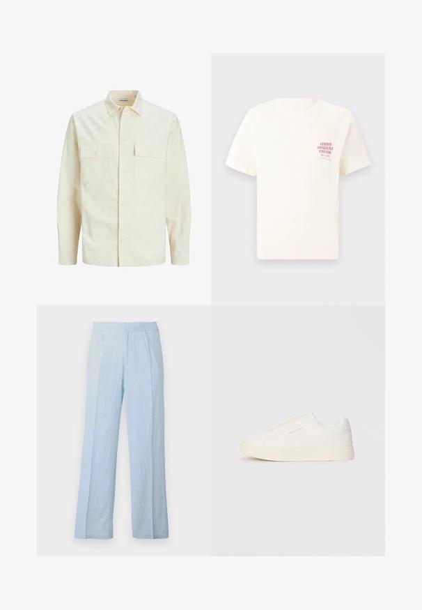 Svetlo béžová košeľa s dlhým rukávom, s golierom, dvoma prednými vreckami, zapínaním na gombíky a textúrovanou látkou.; Biele tričko s krátkym rukávom s červeným textom "Studio Originals Edition" na ľavej hrudi, zobrazené na neutrálnom šedom pozadí.; Svetlomodré široké nohavice z jemnej tkaniny s ryhovanou textúrou a elastickým pásom, s prednými záhybmi a voľným strihom.; Biele slip-on tenisky s textúrovaným povrchom, hrubou podrážkou a minimalistickým dizajnom. Obsahuje logo značky na boku.