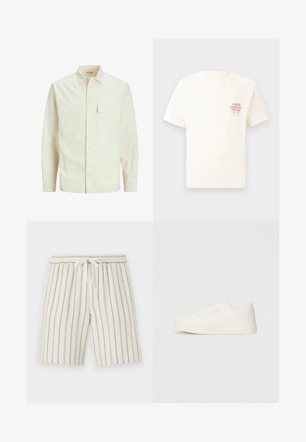 Lichtbeige langemouwen shirt met een kraaghalslijn, twee voorzakken, knoopsluiting en een gestructureerde stof.; Witte T-shirt met korte mouwen met rode tekst "Studio Originals Edition" op de linker borst, weergegeven op een neutrale grijze achtergrond.; Lichte beige shorts met verticale olijfgroene strepen, gemaakt van textuurstof. Voorzien van een elastische tailleband met een trekkoord.; Witte instap sneakers met een gestructureerd oppervlak, een dikke zool en een minimalistisch ontwerp. Bevat het merklogo aan de zijkant.