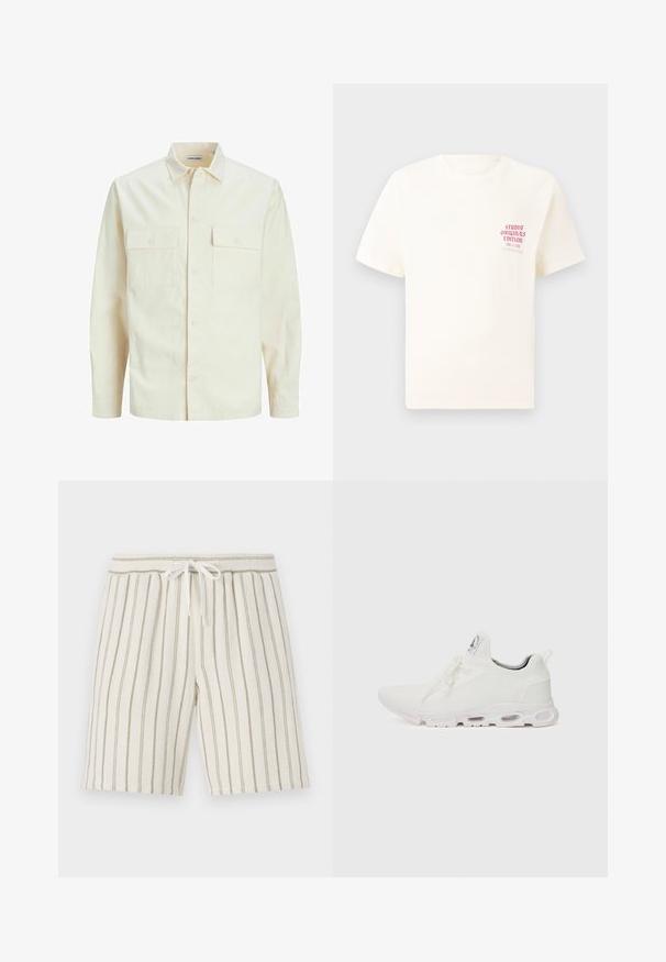 Chemise longue à manches longues beige clair avec un col, deux poches frontales, fermeture à boutons et un tissu texturé.; T-shirt blanc à manches courtes avec le texte rouge "Édition Originals du Studio" sur la poitrine gauche, présenté sur un fond gris neutre.; Shorts beige clair avec des rayures verticales vert olive, fabriqués à partir d'un tissu texturé. Dotés d'une taille élastique avec un cordon de serrage.; Baskets blanches de sport avec un dessus en maille texturée, des lacets plats et une semelle rembourrée avec des chambres à air visibles pour un soutien supplémentaire.