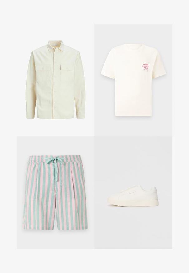 Svijetlo bež košulja dugih rukava s ovratnikom, dva prednja džepa, zatvaranje na dugmad i teksturirani materijal.; Bijela kratka majica s kratkim rukavima s crvenim natpisom "Studio Originals Edition" na lijevoj strani grudi, prikazana na neutralnoj sivoj pozadini.; Lagani prugasti šorts s izmjenjivim vertikalnim prugama u tirkiznoj i ružičastoj boji, elastičnom strukom i prednjim detaljem za vezanje.; Bijele slip-on tenisice s teksturiranom površinom, debelim đonom i minimalističkim dizajnom. Sadrže logo branda sa strane.