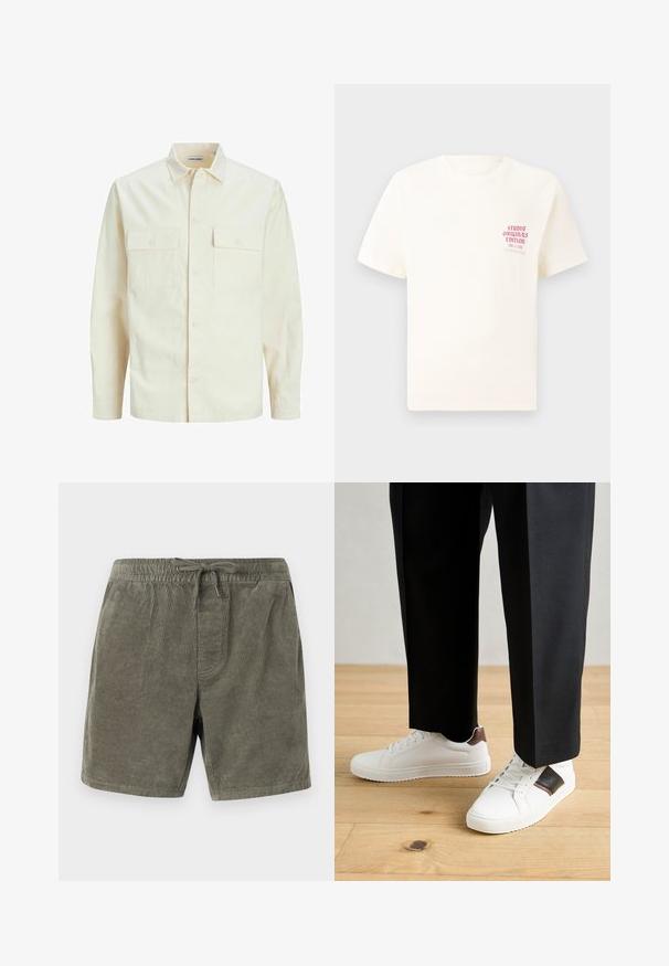 Vaaleanbeige pitkähihaisen paidan, jossa on kaulukset, kaksi etutaskua, nappikiinnitys ja tekstiilissä on tekstuuria.; Valkoinen lyhythihainen t-paita, jossa on punainen teksti "Studio Originals Edition" vasemmalla rinnalla, esitetty neutraalilla harmaalla taustalla.; Farkkutrikoot shortsit oliivinvihreänä, joissa on joustava vyötärönyöri, tekstuuriset pystyribbiyksityiskohdat ja sivutaskut.; Valkoiset tennarit, joissa on sileä pinta, ruskealla nahka-akentilla ja mustilla yksityiskohdilla, yhdistetty mustiin räätälöityihin housuihin. Taustalla puulattia.
