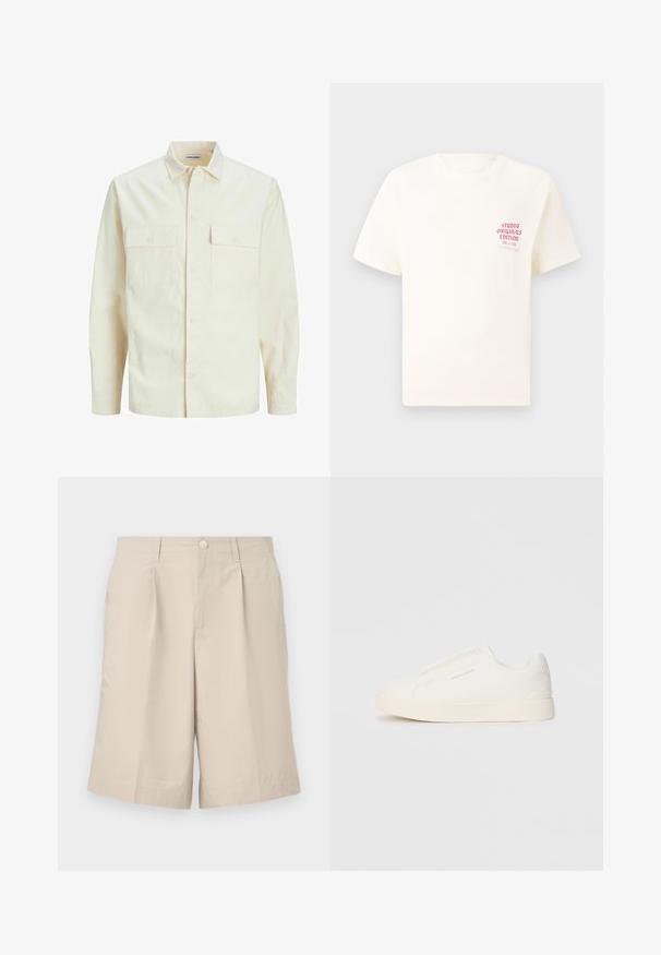 Světle béžová košile s dlouhým rukávem, límečkem, dvěma předními kapsami, zapínáním na knoflíky a strukturovanou tkaninou.; Bílý krátký rukávový tričko s červeným textem "Studio Originals Edition" na levé hrudi, vystavené na neutrálním šedém pozadí.; Bežové šité šortky z lehkého materiálu, s předním knoflíkem, dvěma bočními kapsami a záhybem na přední straně.; Bílé slip-on tenisky s texturovaným povrchem, silnou podešví a minimalistickým designem. Na boku je umístěno logo značky.