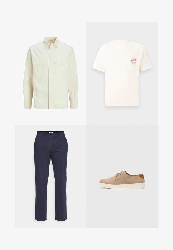 Jasno beżowa koszula z długim rękawem, z kołnierzykiem, dwoma kieszeniami z przodu, zapięciem na guziki i teksturowanym materiałem.; Biała koszulka z krótkim rękawem z czerwonym napisem "Studio Originals Edition" po lewej stronie klatki piersiowej, wyeksponowana na neutralnym szarym tle.; Granatowe bawełniane spodnie o prostym kroju, z zamkiem błyskawicznym i zapięciem na guzik z przodu, pięcioma kieszeniami oraz subtelnymi detalami w przeszyciach.; Beżowe zamszowe sneakersy z okrągłym noskiem, sznurowanym przodem i teksturowanym akcentem na tyle. Biała gumowa podeszwa tworzy kontrast. Prosty i nowoczesny design.