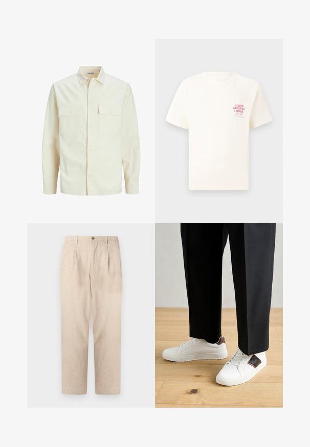 Vaaleanbeige pitkähihaisen paidan, jossa on kaulukset, kaksi etutaskua, nappikiinnitys ja tekstiilissä on tekstuuria.; Valkoinen lyhythihainen t-paita, jossa on punainen teksti "Studio Originals Edition" vasemmalla rinnalla, esitetty neutraalilla harmaalla taustalla.; Harmaat pellava-housut, joissa on poimut, joustava vyötärö ja yksi napitus. Suora lahkeiden muotoilu teksturoidulla pinnalla.; Valkoiset tennarit, joissa on sileä pinta, ruskealla nahka-akentilla ja mustilla yksityiskohdilla, yhdistetty mustiin räätälöityihin housuihin. Taustalla puulattia.