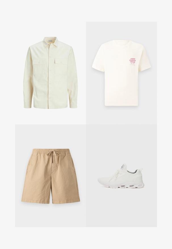 Šviesiai smėlio spalvos ilgomis rankovėmis marškiniai su apykakle, dviem priekinėmis kišenėmis, mygtukų uždarymu ir tekstūruota medžiaga.; Balta trumpa rankovėmis marškinėliai su raudonu užrašu "Studio Originals Edition" kairiajame krūtinės šone, rodomi neutralioje pilkoje aplinkoje.; Bežinės medvilnės šortai su elastine juosta ir reguliuojamu raišteliu, su šoninėmis kišenėmis ir laisvu pritaikymu. Lygus paviršius, iki kelių ilgio.; Baltos sportinės detalės batai su tekstūruotu megztu viršumi, plokščiais raišteliais ir paminkštintu padu, kuriame matomos oro kameros papildomam palaikymui.