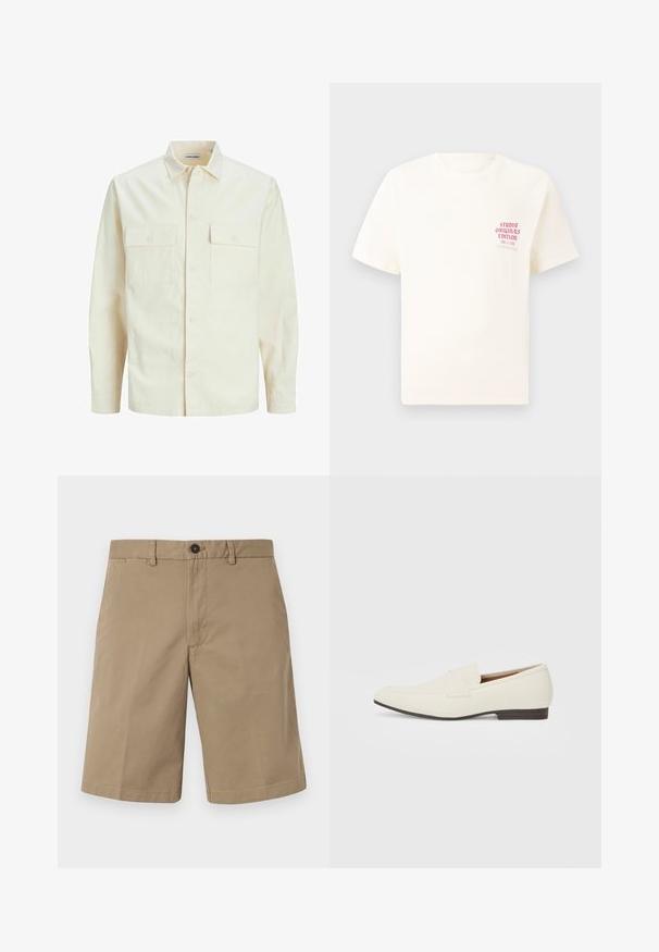 Gai bēšs garām piedurknēm krekls ar apkakles izgriezumu, divām priekšējām kabatām, pogu aizdari un teksturētu audumu.; Balts īsām piedurknēm T-krekls ar sarkanu tekstu "Studio Originals Edition" uz kreisā krūšu, pakārtots neitrālā pelēkā fonā.; Kokvilnas šorti iedeguma krāsā ar taisnu piegriezumu, divām priekšējām kabatām un pogu aizdari. Gluda tekstūra ar minimālistisku dizainu.; Gai bēša kurpes ar smailu pirkstu, gludu materiālu, siksnu pāri pēdas daļai un zemu brūnu zoli. Vienkāršs dizains ar minimāliem akcentiem.