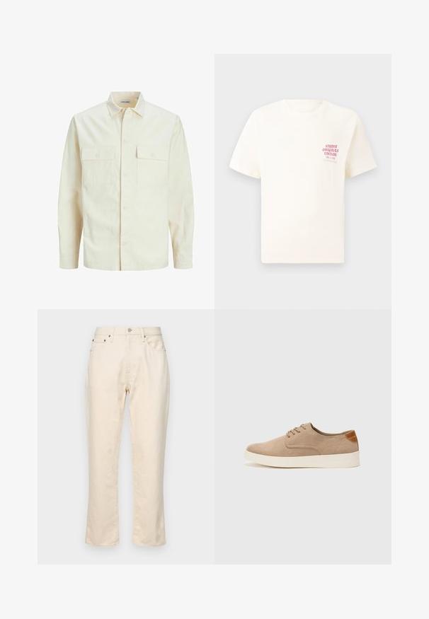 Gai bēšs garām piedurknēm krekls ar apkakles izgriezumu, divām priekšējām kabatām, pogu aizdari un teksturētu audumu.; Balts īsām piedurknēm T-krekls ar sarkanu tekstu "Studio Originals Edition" uz kreisā krūšu, pakārtots neitrālā pelēkā fonā.; Biežās kokvilnas bikses ar taisnām kājām. Iekļauj rāvējslēdzēju, piecas kabatas un diskrētas šuvju detaļas. Tekstūras auduma virsma.; Beige zamšādas kedas ar noapaļotu purngala daļu, auklēm saplacinātu priekšpusi un teksturētu aizmugures akcentu. Balta gumijas zole nodrošina kontrastu. Vienkāršs un mūsdienīgs dizains.