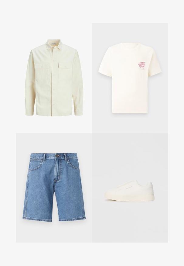 Gai bēšs garām piedurknēm krekls ar apkakles izgriezumu, divām priekšējām kabatām, pogu aizdari un teksturētu audumu.; Balts īsām piedurknēm T-krekls ar sarkanu tekstu "Studio Originals Edition" uz kreisā krūšu, pakārtots neitrālā pelēkā fonā.; Gaišzilie džinsu šorti ar taisnu griezumu, piecu kabatu dizainu un redzamu šuvu. Pogas aizdare jostas vietā.; Baltas slip-on sporta apavi ar teksturētu virsmu, biezu zoli un minimālistisku dizainu. Sānos redzams zīmola logotips.