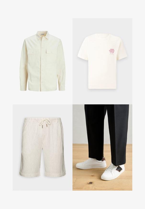 Light beige long-sleeve shirt with a collared neckline, two front pockets, button closure, and a textured fabric.; White short-sleeve T-shirt with red text "Studio Originals Edition" on left chest, displayed on a neutral gray background.; Linen blend shorts in light beige with subtle vertical brown stripes. Features an elastic waistband with drawstring and rolled hems.; White sneakers with smooth texture, featuring brown leather accents and black detailing, paired with black tailored pants. Wooden floor background.