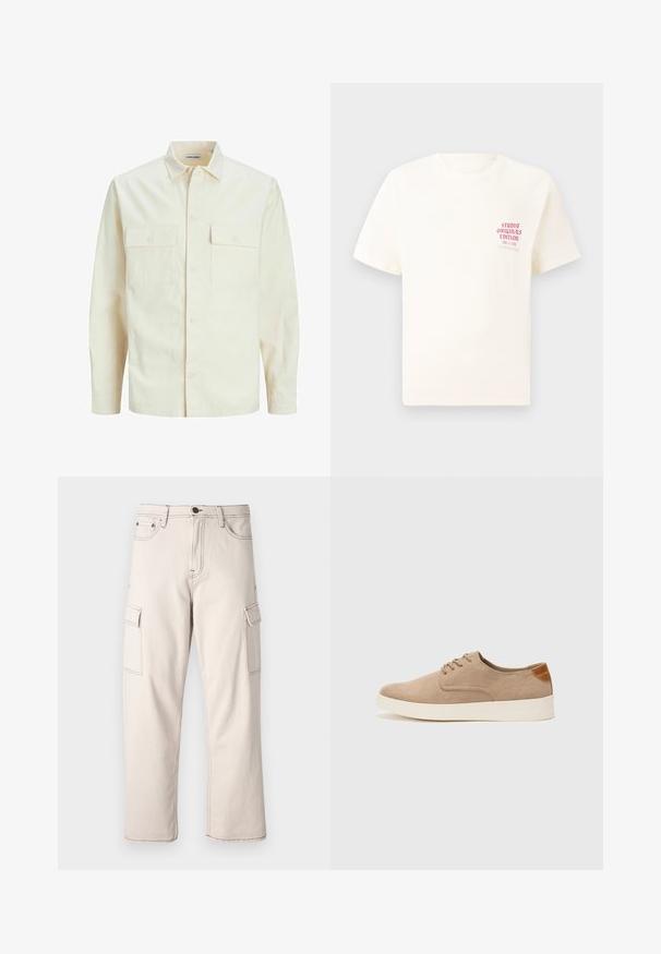 Svijetlo bež košulja dugih rukava s ovratnikom, dva prednja džepa, zatvaranje na dugmad i teksturirani materijal.; Bijela kratka majica s kratkim rukavima s crvenim natpisom "Studio Originals Edition" na lijevoj strani grudi, prikazana na neutralnoj sivoj pozadini.; Bež cargo hlače od pamuka, s dva bočna džepa, ravnim krojem i kontrastnim šavovima.; Bež nubuk tenisice s okruglim vrhom, vezanjem sprijeda i teksturiranim stražnjim naglaskom. Bijela gumena potpetica pruža kontrast. Jednostavan i moderan dizajn.