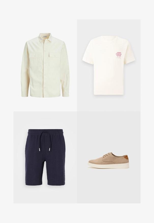 Chemise longue à manches longues beige clair avec un col, deux poches frontales, fermeture à boutons et un tissu texturé.; T-shirt blanc à manches courtes avec le texte rouge "Édition Originals du Studio" sur la poitrine gauche, présenté sur un fond gris neutre.; Shorts navy avec un motif texturé, taille élastique et cordon de serrage. Présente une coupe décontractée et une longueur au-dessus du genou.; Baskets en daim beige avec un embout arrondi, un laçage sur le devant et un accent texturé à l'arrière. La semelle en caoutchouc blanche offre un contraste. Design simple et moderne.