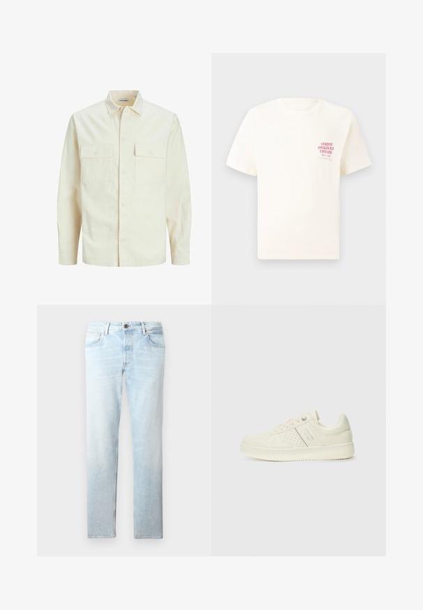 Svetlo bež srajca z dolgimi rokavi, ovratnim izrezom, dvema sprednjima žepoma, zapenjanjem na gumbe in teksturirano tkanino.; Bela majica s kratkimi rokavi z rdečim napisom "Studio Originals Edition" na levi strani prsnega koša, prikazana na nevtralnem sivo backgroundu.; Svijetloplave traperice sa ravnim nogavicama, pet džepova i jednim dugmetom, s izblještenim mrljama i suptilnom teksturom.; Sneaker v kremni barvi s perforiranim detajlom, vezalkami in logotipom na strani, prikazan na enostavni beli ozadju.