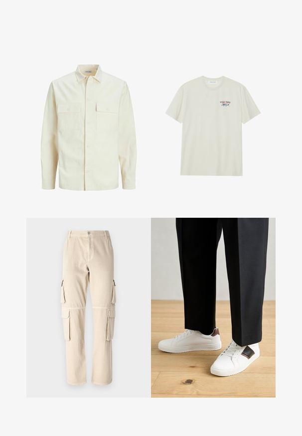 Šviesiai smėlio spalvos ilgomis rankovėmis marškiniai su apykakle, dviem priekinėmis kišenėmis, mygtukų uždarymu ir tekstūruota medžiaga.; Šviesiai kreminis medvilnės marškinėliai su trumpomis rankovėmis. Yra mažas mėlynas ir raudonas piešinys su marlinu bei „MARLIN TROPHY“ tekstas.; Kava džiazo kelnės, pagamintos iš medvilnės. Yra šoninės kišenės, tiesus kojų dizainas ir sagos užsegimas juosmens srityje. Paprasti siuvimo elementai.; Balti sportbačiai su glotnia danga, puošti rudais odiniais akcentais ir juodais detalėmis, derinami su juodais pritaikytais kelnėmis. Medinių grindų fonas.