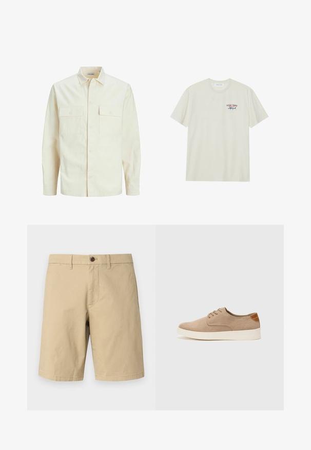 Světle béžová košile s dlouhým rukávem, límečkem, dvěma předními kapsami, zapínáním na knoflíky a strukturovanou tkaninou.; Světle krémové bavlněné tričko s krátkým rukávem. Obsahuje malou modrou a červenou grafiku marlinu a text "MARLIN TROPHY".; GAP VINTAGE - Šortky - khaki; Béžové semišové tenisky s kulatou špičkou, šněrováním vpředu a texturovaným zadním akcentem. Bílá gumová podrážka poskytuje kontrast. Jednoduchý a moderní design.