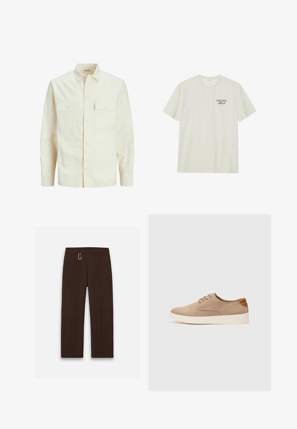 Világos bézs színű, hosszú ujjú ing, galléros nyakkal, két elülső zsebbel, gombos záródással és struktúrált anyaggal.; Világos krémszínű pamut póló rövid ujjakkal. Kis kék és piros grafikával rendelkezik, amelyen egy marlin és a "MARLIN TROPHY" szöveg látható.; Barna, széles lábú nadrág sima anyagból, cipzárral és egy figyelemfelkeltő karabiner klipszel, két oldalsó zsebbel ellátva.; Beige velúr sportcipő, kerek orral, fűzős elülső résszel és textúrált hátsó részlettel. Fehér gumitalp kontrasztot ad. Egyszerű és modern design.