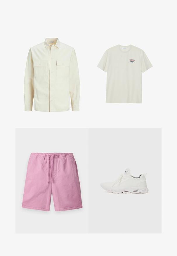 Svetlo béžová košeľa s dlhým rukávom, s golierom, dvoma prednými vreckami, zapínaním na gombíky a textúrovanou látkou.; Svetlo krémové bavlnené tričko s krátkymi rukávmi. Obsahuje malú modro-červenú grafiku marlína a text "MARLIN TROPHY".; Svetloživé ružové šortky vyrobené z jemného materiálu, s elastickým pásom a šnúrkou na stiahnutie, a bočnými vreckami. Rovný strih nohavíc, bez vzorov.; Biele športové topánky so štruktúrovaným pleteným zvrškom, plochými šnúrkami a odpruženou podrážkou s viditeľnými vzduchovými komorami pre dodatočnú podporu.