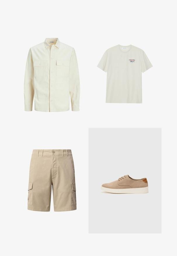 Šviesiai smėlio spalvos ilgomis rankovėmis marškiniai su apykakle, dviem priekinėmis kišenėmis, mygtukų uždarymu ir tekstūruota medžiaga.; Šviesiai kreminis medvilnės marškinėliai su trumpomis rankovėmis. Yra mažas mėlynas ir raudonas piešinys su marlinu bei „MARLIN TROPHY“ tekstas.; Kreminės spalvos šortai pagaminti iš medvilnės. Įrengtos dvi šoninės kišenės, mygtukų uždarymas ir siuvimo detalės. Tiesus kojų dizainas.; Bežiniai zomšiniai sportbačiai su apvaliomis pirštų dalimis, raišteliais priekyje ir tekstūruotu užkulniu. Balta guma suteikia kontrastą. Paprastas ir modernus dizainas.