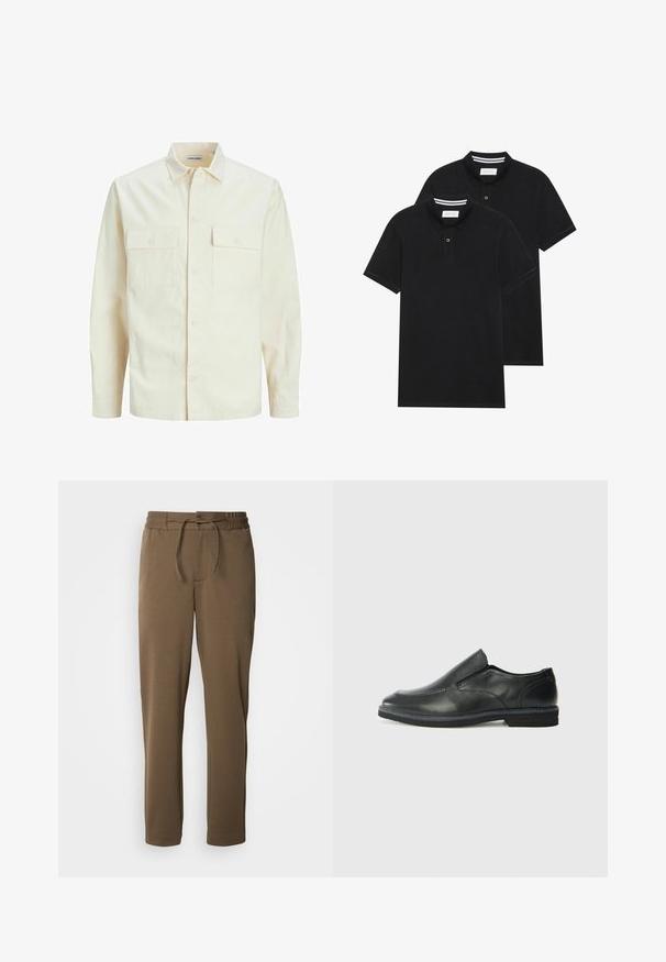 Lichtbeige langemouwen shirt met een kraaghalslijn, twee voorzakken, knoopsluiting en een gestructureerde stof.; Twee zwarte polo shirts, met korte mouwen, van katoen, met een klassieke kraag, een knoopsluiting met twee knopen en witte gestreepte accenten aan de binnenkant van de kraag.; Bruine, taps toelopende sweatpants met elastische tailleband en trekkoord. Zachte, gladde textuur, met zijzakken en een eenvoudig ontwerp.; Zwarte leren instapper met een soepele bovenkant, gestikte accenten, ronde neus en een lage rubberen hak. De zool heeft minimale profiel.