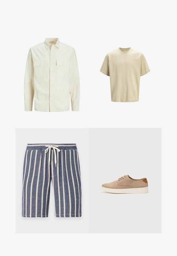 Svetlo béžová košeľa s dlhým rukávom, s golierom, dvoma prednými vreckami, zapínaním na gombíky a textúrovanou látkou.; Béžové bavlnené tričko s voľným strihom, okrúhlym výstrihom a krátkymi rukávmi. Hladká textúra, bez vzorov alebo viditeľných kovových detailov.; Námorníckomodré štruktúrované šortky s bielymi vertikálnymi pruhmi, elastický pás a detaily so šnúrkou. Neformálny dizajn vhodný na teplé počasie.; Béžové semišové tenisky s okrúhlou špičkou, šnurovaním vpredu a textúrovaným zadným akcentom. Biela gumová podrážka poskytuje kontrast. Jednoduchý a moderný dizajn.