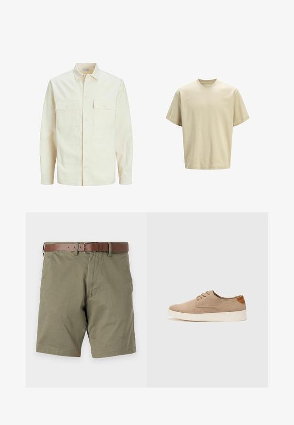 Világos bézs színű, hosszú ujjú ing, galléros nyakkal, két elülső zsebbel, gombos záródással és struktúrált anyaggal.; Beige pamut póló laza szabással, kerek nyakkivágással és rövid ujjal. Simaság jellemzi, nincs rajta minta vagy látható fém részlet.; Olíva zöld anyagból készült rövidnadrág, barna bőr övvel, elülső zsebekkel és egyenes szegéllyel. Sima felület és laza stílus.; Beige velúr sportcipő, kerek orral, fűzős elülső résszel és textúrált hátsó részlettel. Fehér gumitalp kontrasztot ad. Egyszerű és modern design.