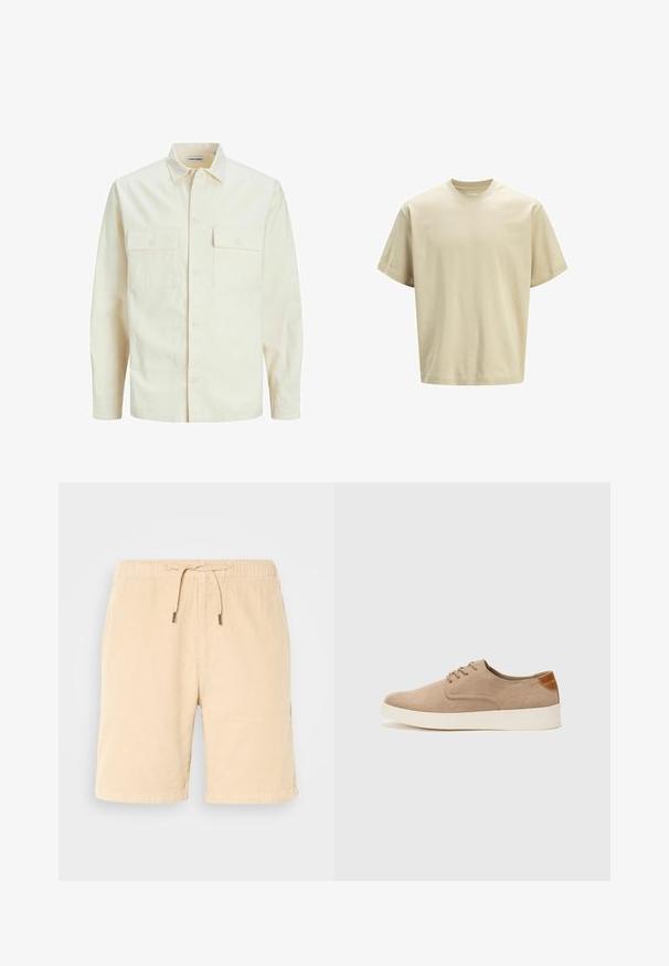 Világos bézs színű, hosszú ujjú ing, galléros nyakkal, két elülső zsebbel, gombos záródással és struktúrált anyaggal.; Beige pamut póló laza szabással, kerek nyakkivágással és rövid ujjal. Simaság jellemzi, nincs rajta minta vagy látható fém részlet.; Beige kordbársony rövidnadrág, rugalmas derékpánttal és zsinórral. Oldalsó zsebekkel rendelkezik és egyenes szabású. Puha tapintású és sima felületű.; Beige velúr sportcipő, kerek orral, fűzős elülső résszel és textúrált hátsó részlettel. Fehér gumitalp kontrasztot ad. Egyszerű és modern design.