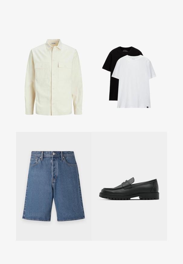 Vaaleanbeige pitkähihaisen paidan, jossa on kaulukset, kaksi etutaskua, nappikiinnitys ja tekstiilissä on tekstuuria.; Kaksi tavallista t-paitaa, yksi musta ja yksi valkoinen, valmistettu puuvillasta. Kumpikin on pyöreäkauluksellinen ja lyhyt袖s, yksinkertainen muotoilu, ilman kuvioita.; Vaaleansiniset farkkushortsit, joissa on haalistunut pinta, viisi taskua ja napillinen suljenta vyötäröllä.; Musta nahkaloafers, joissa on pyöreä kärki, ommeltu pinta, matala alusta ja kuvioitu, kuminen ulkopohja.