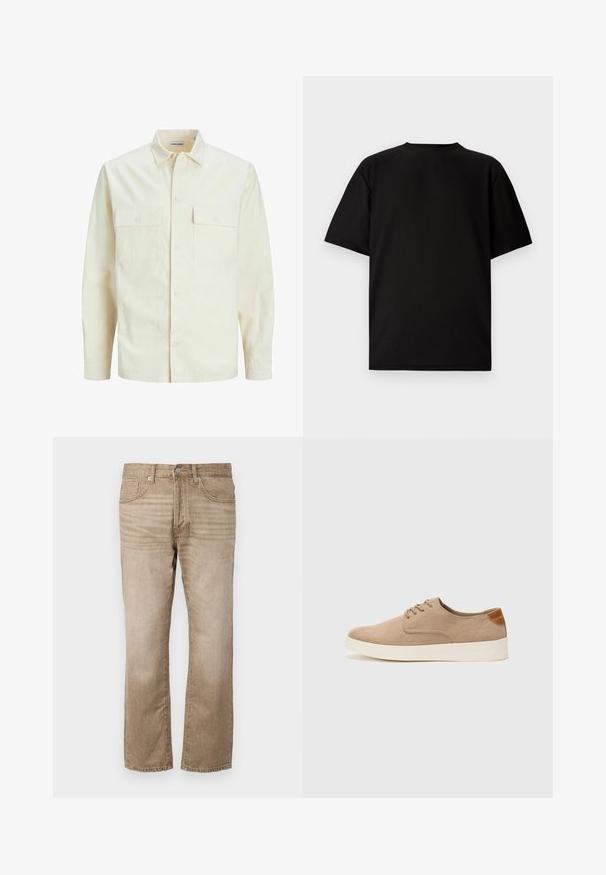 Cămașă lungă cu mâneci lungi de culoare bej deschis, cu guler, două buzunare frontale, închidere cu butoane și un material texturat.; Tricou negru cu mânecă scurtă, fabricat din material cu textură de tip ribbed. Are un decolteu rotund și o croială lejeră cu o textură fină. Vedere din spate.; Blugi din denim bej, cu un design drept, având cinci buzunare, închidere cu nasture și o ușoară decolorare pe material.; Tenisi din suede bej cu vârf rotund, sistem de șireturi în față și un accent texturat în spate. Talpa albă din cauciuc oferă un contrast. Design simplu și modern.