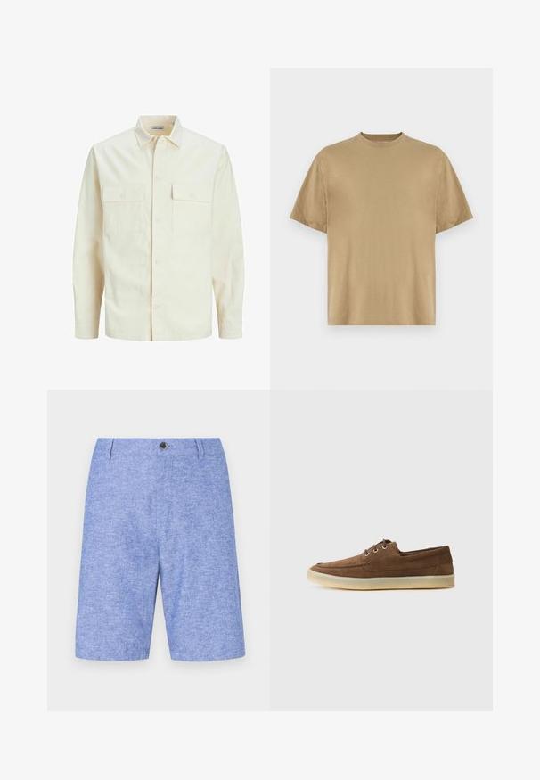 Chemise longue à manches longues beige clair avec un col, deux poches frontales, fermeture à boutons et un tissu texturé.; T-shirt khaki à manches courtes en tissu doux, avec un col rond et une coupe décontractée. Aucun motif ou graphique visible.; Shorts bleu clair en tissu texturé, dotés d'une fermeture à bouton à l'avant et de poches latérales, avec une coupe droite et un design au genou.; Chaussures en suede marron à profil bas, avec un laçage, semelle en caoutchouc et des détails de couture contrastants. Style simple et fonctionnel.