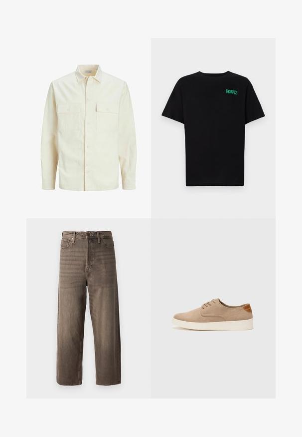 Hellbeige Langarmhemd mit klassischem Kragen, zwei Fronttaschen, Knopfverschluss und strukturiertem Stoff.; Schwarzes T-Shirt aus Baumwolle mit kurzen Ärmeln. Auf der Vorderseite befindet sich ein grünes "ROOTS"-Logo, es hat einen runden Halsauschnitt und eine normale Passform.; Braune weit geschnittene Jeans aus Denim. Mit Reißverschluss, Gürtelschlaufen und fünf Taschen. Der Stoff hat eine verblasste, strukturierte Optik.; Beige Wildleder-Sneaker mit runder Zehenpartie, Schnürung und strukturiertem Rückenteil. Die weiße Gummisohle sorgt für einen Kontrast. Einfaches und modernes Design.