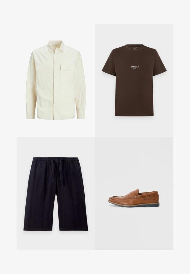 Vaaleanbeige pitkähihaisen paidan, jossa on kaulukset, kaksi etutaskua, nappikiinnitys ja tekstiilissä on tekstuuria.; Ruskea puuvillapaita, jossa on lyhyet hihat, pyöreä kaula-aukko ja pieni valkoinen logo rinnassa. Sujuva pinta ja normaali mitoitus.; Mustat, polvipituiset shortsit, jotka on valmistettu kevyestä kankaasta. Sisältää joustovan vyötärönauhan ja narun, sekä sileän pinnan. Yksinkertainen muotoilu.; Ruske nahkakengät, joissa on pyöreä kärki, ommeltuja yksityiskohtia ja matala kumipohja. Suunnittelussa on yläosaa kiertävä nauha.