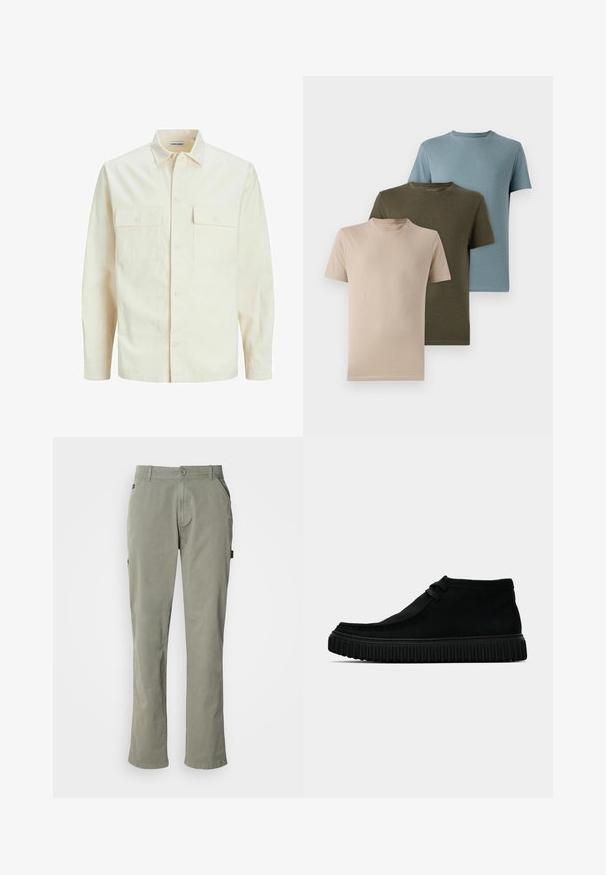 Ljusbeige långärmad skjorta med krage, två framfickor, knäppning och en texturerad tyg.; Tre kortärmade t-shirts i beige, olivgrön och ljusblå, tillverkade av mjukt material med rund halsringning och enfaldig design.; Ljust gröna bomullbyxor med rak passform, med framfickor, knäppning och midjeband med bältesömmar.; Svarta ankelstövlar i mjukt material, med rund tå, minimal snörning och en texturerad gummisula med vertikala spår.