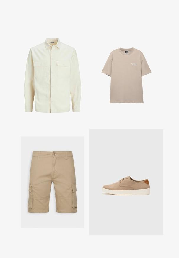 Lichtbeige langemouwen shirt met een kraaghalslijn, twee voorzakken, knoopsluiting en een gestructureerde stof.; Beige kortarm t-shirt gemaakt van zachte katoen. Heeft een ronde halslijn en een kleine witte tekstprint met de tekst "Naadloos Ontwerp" op de voorkant.; Beige cargoshorts van lichtgewicht stof. Kenmerken zijn onder andere zijzakken, een knoopsluiting en een rechte snit met gestikte details.; Beige suède sneakers met een ronde neus, vetersluiting aan de voorkant en een getextureerde achteraccent. De witte rubberen zool zorgt voor contrast. Eenvoudig en modern ontwerp.