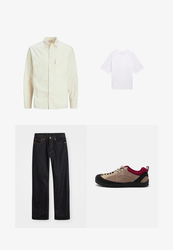 Világos bézs színű, hosszú ujjú ing, galléros nyakkal, két elülső zsebbel, gombos záródással és struktúrált anyaggal.; Fehér, rövid ujjú pamut póló. Lazább fazon, kerek nyakkivágással. Simább textúra, látható minták vagy díszítések nélkül.; Férfi egyenes szabású fekete farmernadrág öt zsebbel és narancssárga varrással, gombos és cipzáros záródással elöl.; Beige velúr felsőrésszel rendelkező cipő, fekete gumitalppal, rózsaszín hálós részletekkel és szürke fűzőkkel. Szellőzés céljára perforációk találhatók rajta, valamint egy húzófül.