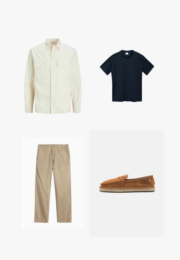 Light beige long-sleeve shirt with a collared neckline, two front pockets, button closure, and a textured fabric.; Navy blue short-sleeve t-shirt made from soft cotton, featuring a round neckline and clean, straight-cut hem with no visible patterns.; Beige straight-leg chinos with belt loops, front button and zipper closure, and slant front pockets.; Brown suede slip-on shoe with a rounded toe, featuring a woven jute sole and a small accent strap across the front.