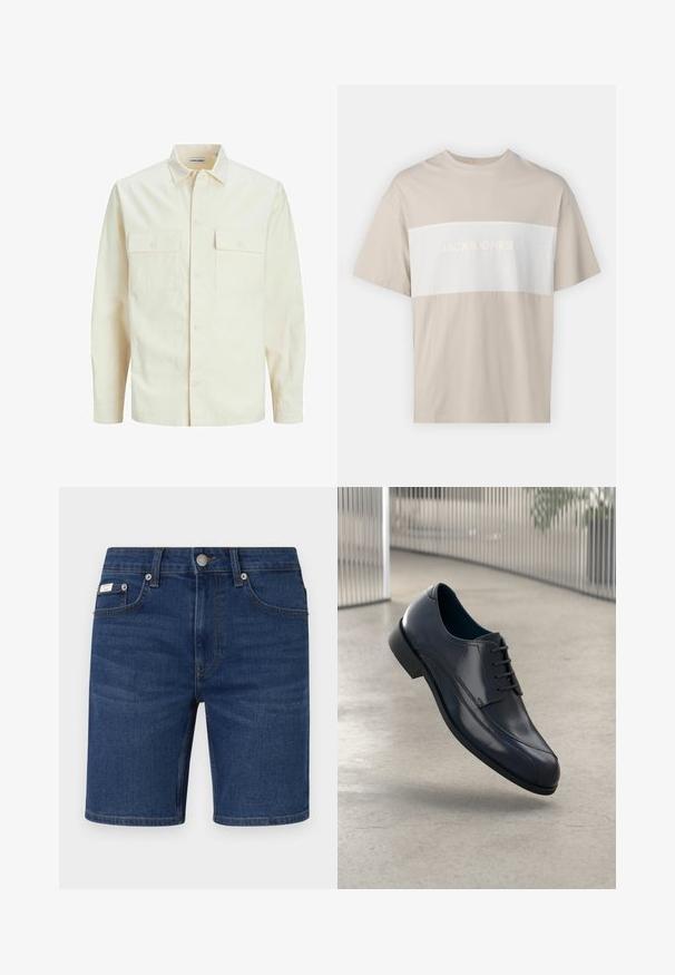 Šviesiai smėlio spalvos ilgomis rankovėmis marškiniai su apykakle, dviem priekinėmis kišenėmis, mygtukų uždarymu ir tekstūruota medžiaga.; Bežinis medvilninis marškinėliai su baltu horizontaliu juostele, ant kurios iškilmingomis raidėmis parašyta "JACK & JONES ESSENTIALS WORLDWIDE". Trumpomis rankovėmis.; Tamsiai mėlyni džinsiniai šortai su klasikiniu penkių kišenių dizainu, metaline sagos uždarymo sistema ir tiesiu apdaila. Matoma minimalistinė prekės ženklo detalė.; Blizgūs juodi odiniai suknelės batai su raišteliais, skirti pakibti virš lygaus, šviesiai pilko grindų paviršiaus ir vertikalių metalinių strypų fone.