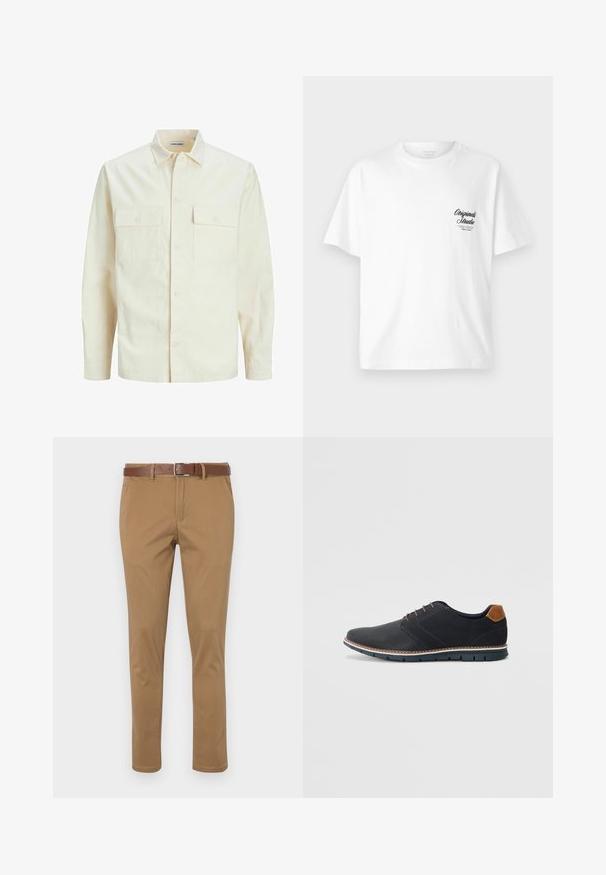 Lys beige langærmet skjorte med krave, to forlommer, knaplukning og et tekstureret stof.; Hvid bomulds T-shirt med rund hals, korte ærmer og et sort trykt logo på venstre bryst, der har et vintage skriftdesign.; Brune chinos med en struktureret overflade, der har skrå sidelommer, lukning med knap og lynlås samt et brunt læderbælte.; Sorte syntetiske sko med en tekstureret overdel, glatte accenter, brun hæl og en kontrasterende sål. Har minimale snørebånd og syningsdetaljer.