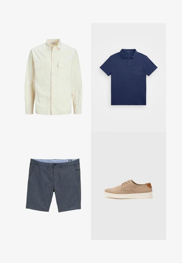 Světle béžová košile s dlouhým rukávem, límečkem, dvěma předními kapsami, zapínáním na knoflíky a strukturovanou tkaninou.; Námořnické modré polo tričko s krátkým límcem, kapsou na prsou a vyšitým logem. Vyrobeno z jemné, texturované látky.; Námořnické modré šortky z texturované látky. Mají dvě boční kapsy, zapínání na knoflík a malou dekorativní cedulku na přední straně.; Béžové semišové tenisky s kulatou špičkou, šněrováním vpředu a texturovaným zadním akcentem. Bílá gumová podrážka poskytuje kontrast. Jednoduchý a moderní design.