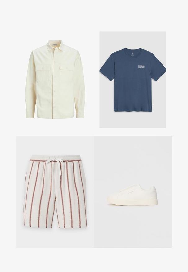 Kergedbež pika-särk pikkade varrukatega, krae ja kahe eespool asuva taskuga, nööpidega kinnitamine ja reljeefne materjal.; Sinine puuvillane T-särk, millel on ümmargune kaelus ja lühikesed varrukad. Vasakul rindkere piirkonnas on trükitud valge "Levi's" logo. Lihtne disain.; Puuvillased lühikesed püksid, millel on nööriga vöökoht, kreemjas taust, vertikaalsed roostespruunid triibud, tekstuuriga kangas ja lõdvestatud lõige.; Valged libisemiskindlad tossud tekstuuriga pinnaga, paksu tallaga ja minimalistikus disainis. Küljel on brändi logo.